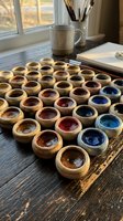 Wooden paint containers filled with various watercolor pigments arranged on a dark desk near a window with brushes and notebook for artistic workspace setup.