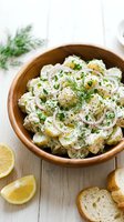 Creamy potato salad with dill, red onion, and fresh herbs in wooden bowl, served with lemon slices and bread for lunch or picnic gatherings.