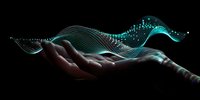 Digital wave flowing above open palm with glowing particles and lines representing data visualization, technology innovation, and futuristic interface concepts.