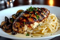 Grilled chicken breast with mushroom sauce served over linguine pasta, garnished with fresh herbs on white plate in restaurant setting.