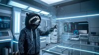Futuristic raccoon scientist in high-tech laboratory conducting research with holographic displays and advanced equipment for sci-fi concepts.