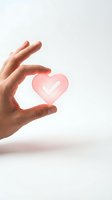 Male hand holding pink heart with white checkmark symbol against white background, representing approval, satisfaction, quality assurance, healthcare, and positive feedback.