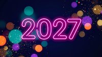 Bright pink neon 2027 numbers glowing against dark starry night sky with colorful bokeh lights for New Year celebration and future planning concepts.