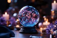 Magical crystal ball with glowing pink and blue sparkles inside on dark background with burning candles and purple flowers, mystical fortune telling atmosphere.
