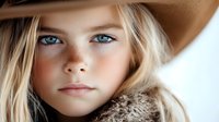Young blonde woman with striking blue eyes wearing brown cowboy hat and fur coat, soft natural lighting creates dramatic portrait against neutral background.