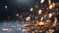 Falling golden cryptocurrency coins with dynamic motion blur and bokeh light effects against dark background, creating dramatic financial concept.