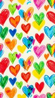 Colorful hand-drawn hearts seamless pattern with crayon texture on cream background. Childlike art style for Valentine's Day, love themes, and romantic designs.