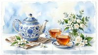 Watercolor tea set with blue and white porcelain teapot, two cups of tea, and white jasmine flowers on a table.