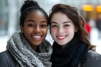 Two young diverse women friends smiling together outdoors in winter wearing cozy knit scarves showing friendship and happiness in urban setting.