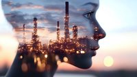 Double exposure profile silhouette merged with illuminated industrial refinery at sunset, glowing lights and dramatic sky create atmospheric industrial scene.
