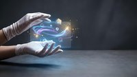 Hands in white gloves holding glowing digital hologram with blue light waves and particles, representing technology, innovation, and future digital transformation concepts.