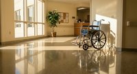 Empty wheelchair in modern hospital corridor with polished floors and natural sunlight streaming through windows creating peaceful healthcare environment.