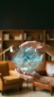 Hands holding glowing digital sound waves or energy waves in modern interior space, representing technology, innovation, and wireless communication concepts.