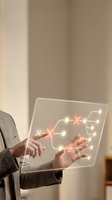 Businessman touching futuristic holographic interface with glowing network connections and data points in modern office environment.