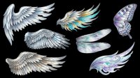 Watercolor wings collection isolated on transparent background, ready for t-shirt design, clipart, stickers, sublimation and print-on-demand projects. Features detailed feathered wings in various styles and colors.