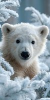 Adorable polar bear cub portrait surrounded by frost-covered evergreen branches in snowy winter landscape with soft natural lighting and shallow depth of field.