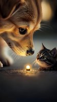 Curious dog and cat examining glowing light on ground at dusk, creating magical atmosphere with warm golden lighting and soft bokeh background.