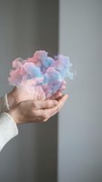 Hand holding fluffy cotton candy cloud in pastel pink and blue colors against neutral background. Perfect for creative, dreamy, and whimsical design projects.