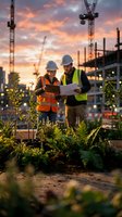 Two construction workers in safety gear review blueprints at a building site during sunset, with cranes and steel framework visible behind them among planted vegetation.