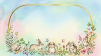 Watercolor spring frame with cute rabbits and floral elements on pastel background for Easter greeting cards and seasonal designs.