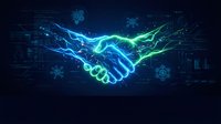 Digital handshake with electric energy effects symbolizing business partnership and technological collaboration in futuristic cyber space.