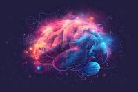 Glowing brain illustration in vibrant pink and blue colors with cosmic nebula effect against dark space background, representing mind power and consciousness.