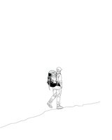 Minimalist line drawing of hiker with backpack walking uphill on mountain trail, isolated on white background for outdoor adventure designs.