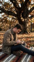 Young Caucasian man writing in journal outdoors under autumn oak tree on patterned blanket during golden hour for mindfulness and reflection activities.