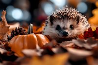 Adorable hedgehog surrounded by autumn leaves, pumpkins and pine cones in cozy fall setting with warm bokeh background for seasonal decorating projects.