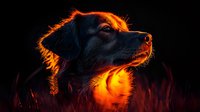 Black dog profile silhouette against dramatic orange sunset light, glowing fur edges create ethereal backlit effect in dark moody atmosphere.