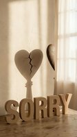 Wooden sorry letters and heart figurine casting cracked heart shadow on beige wall in warm sunlight, symbolizing apology and heartbreak.