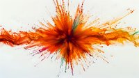 Vibrant orange and red paint explosion with dynamic splatter effect on white background, featuring energetic motion and multicolored ink drops radiating from center point.