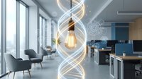 Modern office interior with glowing DNA helix light effect and vintage bulb symbolizing innovation and creativity in corporate workspace environment.