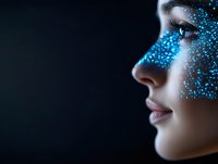 Side profile of young woman with glowing blue sparkles and glitter makeup on dark background creating magical beauty effect for cosmetic advertising.