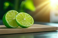 Fresh cut lime halves on wooden cutting board with natural sunlight and bokeh background, close up view showing juicy citrus fruit texture and details.