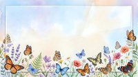 Colorful butterflies and wildflowers border frame on pastel watercolor background for spring garden design projects and nature themed decorations.