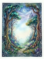 Enchanted forest pathway leading to fairy tale castle with ornate decorative border frame under moonlit sky with magical trees and mystical landscape scenery.
