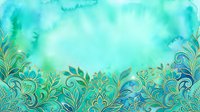 Watercolor turquoise and green gradient background with ornamental leaf and floral border design, suitable for invitations, cards, and web graphics.