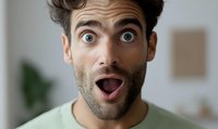 Young Mediterranean man with shocked facial expression, wide open blue eyes and mouth, showing surprise and amazement against blurred background. Great for emotional concepts.