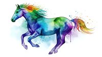 Vibrant watercolor horse galloping with rainbow mane and tail, artistic splash effects on white background. Fantasy equine art for creative projects and designs.