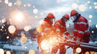 Emergency rescue team in bright orange uniforms working at night during snowfall, illuminated by warm lights creating a dramatic atmosphere.
