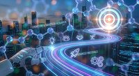 Futuristic digital highway with glowing data streams and molecular network connections over smart city skyline at dusk for technology concepts.