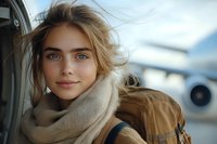 Young Caucasian woman with natural makeup and windswept blonde hair wearing beige scarf and brown jacket at airport, blurred airplane in background, travel lifestyle portrait.