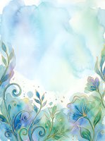 Watercolor floral frame with soft blue, green, and purple botanical elements on white background, isolated and ready for invitations, cards, and design projects.