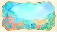 Tropical watercolor frame with turquoise gradient background, coral reef plants, and decorative wavy border, isolated on transparent background for design projects.