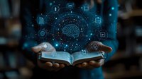 Open book floating above dark-skinned hands with glowing digital brain hologram and technology icons, representing artificial intelligence and digital learning.