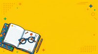 Open notebook with blank lined pages, eyeglasses, and pen on yellow background with decorative elements for education, learning, and back to school design projects.