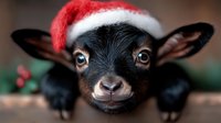 Baby black goat wearing red and white Santa hat looks directly at camera with adorable expression, close up portrait against blurred background for holiday season.
