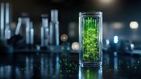 Glowing green liquid in glass test tube with magical sparkles against dark laboratory background, science research concept for biotechnology studies.
