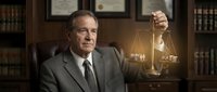 Senior Caucasian male lawyer in gray suit holding golden scales of justice in traditional law office with books and certificates on wall.